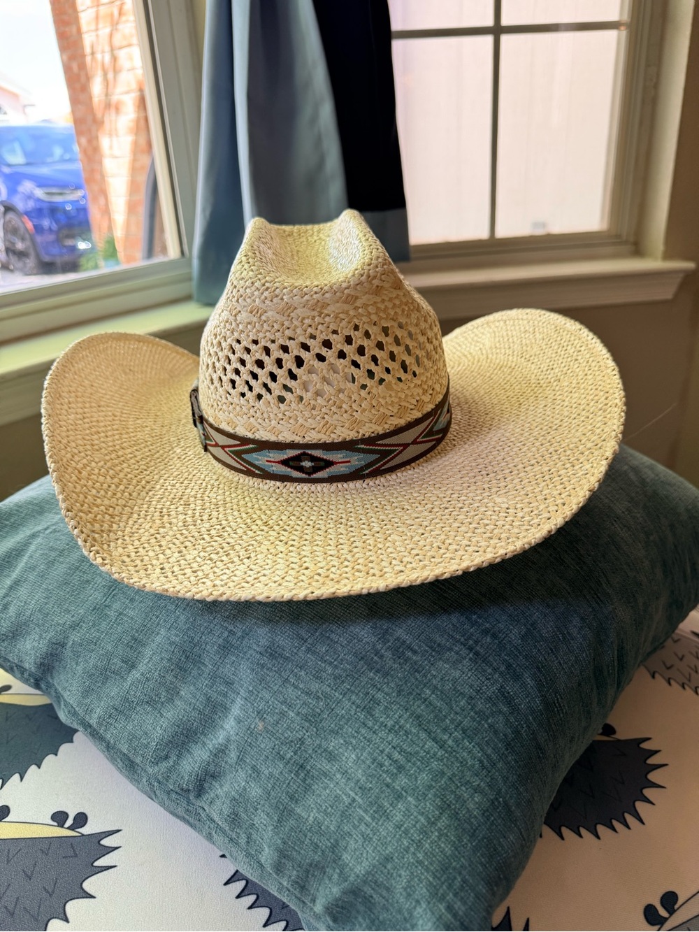 Twister Natural Straw Cowboy Hat with Aztec Blue & Brown Band